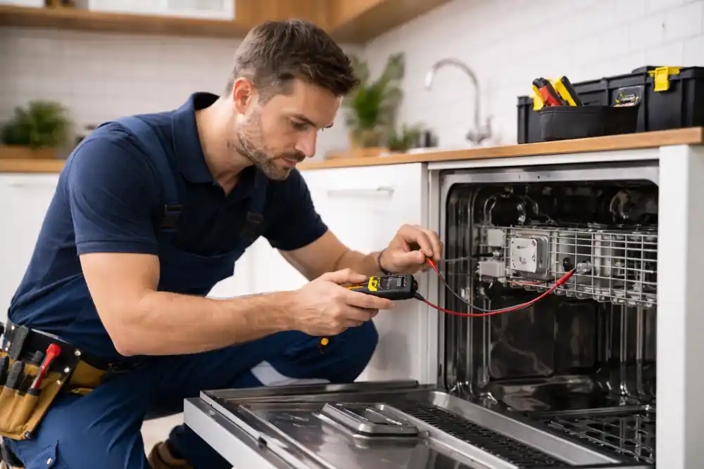 Technician using a multimeter to diagnose an open dishwasher in a kitchen